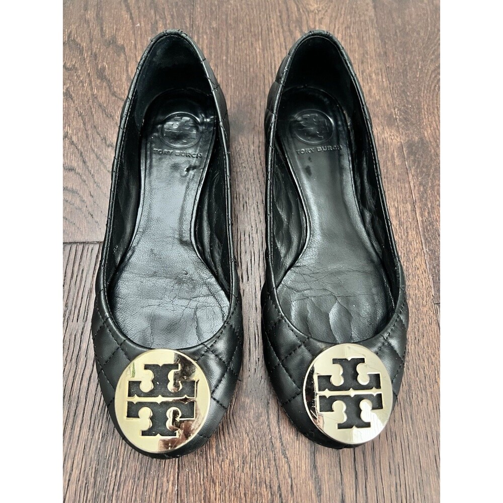 Tory Burch Black Quilted Ballet Flats Gold Detail Size Unknown 7.5/8